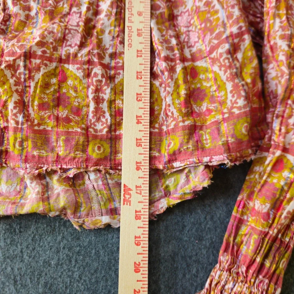 FREE PEOPLE Floral Metallic Lurex Boho Crop Top Size‎ XS Balloon Sleeve Festival